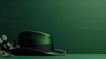St Patrick's with green hat on green pastel background, photo