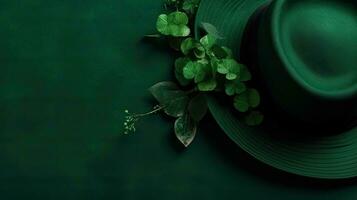 green hat and green leaves on green pastel background for St Patrick's sale banner, AI Generative photo