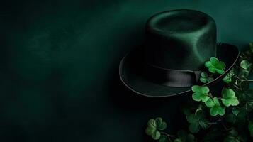 green hat and green leaves on green pastel background for St Patrick's sale banner, AI Generative photo