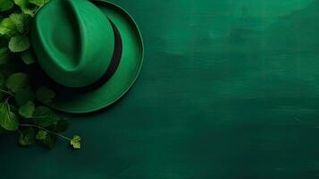 antecedentes diseño rebaja bandera para S t patrick's con verde sombrero y verde hojas, ai generativo foto