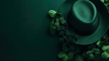 St Patrick's with green hat and green leaves on green pastel background for banner design, AI Generative photo