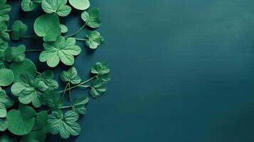 Top View of St Patrick's banner concept design of green leaves on green pastel background, AI Generative photo