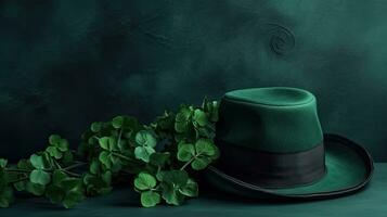 Side View of st patricks banner concept design of green hat and green leaves on green pastel background, AI Generative photo