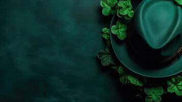 St Patrick's for sale banner background with green hat and green leaves on green pastel background, photo