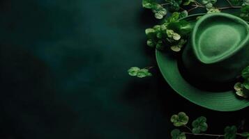 St Patrick's with green hat and green leaves on green pastel background for banner design, photo