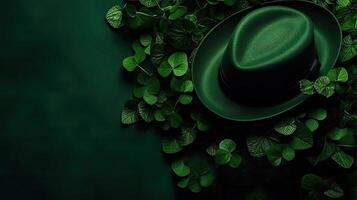 Top View of St Patrick's banner concept design of green hat and green leaves on green pastel background, photo