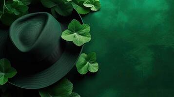 St Patrick's banner concept design of green hat and green leaves on green pastel background, photo