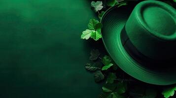St Patrick's banner concept design of green hat and green leaves on green pastel background, photo