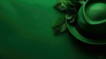 St Patrick's banner concept design of green hat and green leaves on green pastel background, AI Generative photo