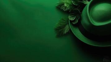 St Patrick's banner concept design of green hat and green leaves on green pastel background, AI Generative photo