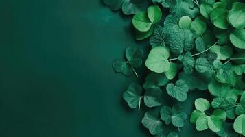 Top View of st patricks banner concept design of green hat and green leaves on green pastel background, AI Generative photo