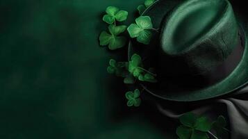Top View of st patricks banner concept design of green hat and green leaves on green pastel background, photo