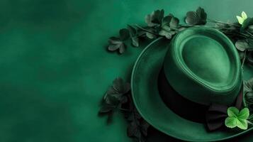 Top View of st patricks banner concept design of green hat and green leaves on green pastel background, photo