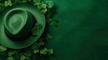 St. Patrick's Background with green hat and green leaves ornament, AI Generative photo