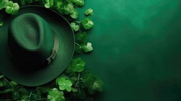 St Patrick's with green hat and green leaves on green pastel background for banner design, photo