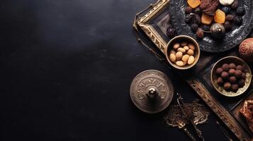 Ramadan background with Ramadan foods on pastel background, photo