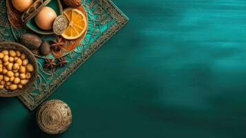 Ramadan banner concept design of Ramadan food on pastel background, AI Generative photo