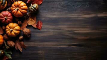 Thanksgiving Day Banner Background with pumpkin and leaf ornaments, AI Generative photo