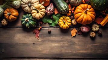 Thanksgiving Day with a collection of pumpkins on wood table background for banner design, photo