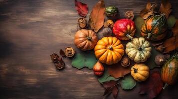 acción de gracias día con un colección de calabazas en madera mesa antecedentes para bandera diseño, ai generativo foto