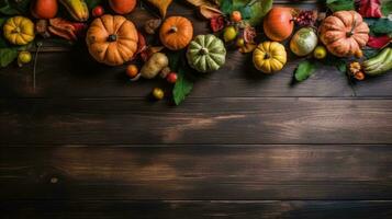 Thanksgiving Day with a collection of pumpkins on wood table background for banner design, AI Generative photo