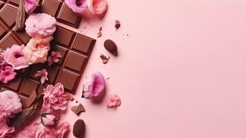 parte superior ver de enamorado día bandera diseño de un colección de chocolate y rosado flor asperja, ai generativo foto