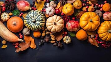 Top View of Thanksgiving day banner design of a collection of pumpkins and other vegetables, photo