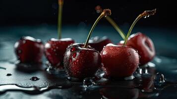 red cherry fruits hit by splashes of water with blur black background, photo