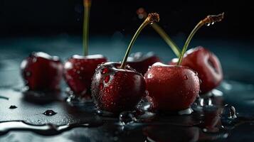 rojo Cereza frutas golpear por salpicaduras de agua con difuminar negro fondo, ai generativo foto