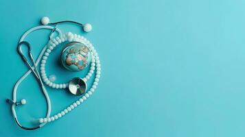 World Health Day for sale banner background with stethoscope and miniature earth on blue background, AI Generative photo