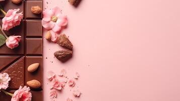 antecedentes diseño rebaja bandera para enamorado día con chocolate y rosado flor asperja, ai generativo foto