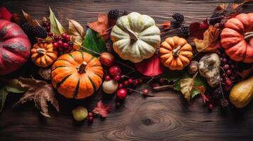 Top View of Thanksgiving day banner design of a collection of pumpkins and other vegetables, photo