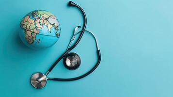 World Health Day with stethoscope and miniature earth on blue background for banner design, AI Generative photo