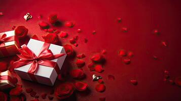 Valentine day design of a collection of Gift box and red flowers for banner background, AI Generative photo