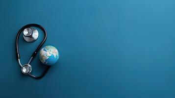 Top View of World Health day banner design of a stethoscope and miniature earth on blue background, photo