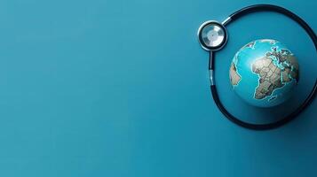 stethoscope and miniature earth on blue background for World Health day sale banner, photo