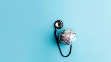 Top View of World Health day banner design of a stethoscope and miniature earth, photo