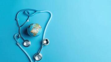 Background design sale banner for World Health day with stethoscope and miniature earth, AI Generative photo