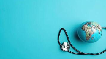 a stethoscope and miniature earth on blue background for World Health day, photo