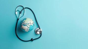 Top View of World Health day banner design of a stethoscope and miniature earth on blue background, photo