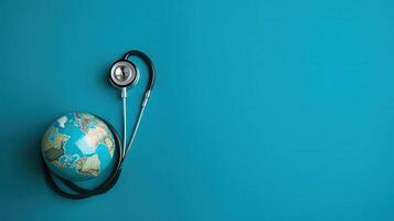 World Health Day Banner Background with stethoscope ornament and earth miniature, photo