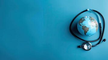 Top View of World Health day banner design of a stethoscope and miniature earth on blue background, photo