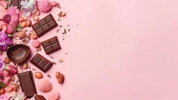 enamorado día bandera diseño de un colección de chocolate y rosado flor asperja, ai generativo foto