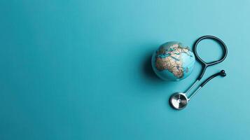 Top View of World Health day banner design of a stethoscope and miniature earth on blue background, photo