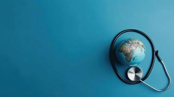 a stethoscope and miniature earth on blue background for World Health day, photo