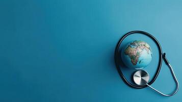 a stethoscope and miniature earth on blue background for World Health day, AI Generative photo