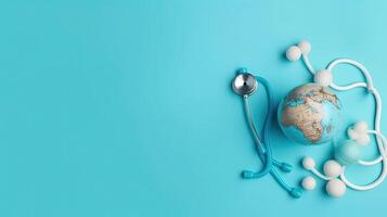 World Health Day for sale banner background with stethoscope and miniature earth on blue background, photo
