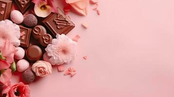 contento enamorado día antecedentes con un colección de chocolate y rosado flor asperja, ai generativo foto