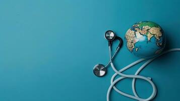 World Health day with stethoscope and miniature earth on blue background, AI Generative photo