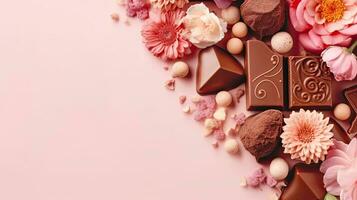 Happy Valentine Day background with a collection of chocolate and pink flower sprinkles, AI Generative photo